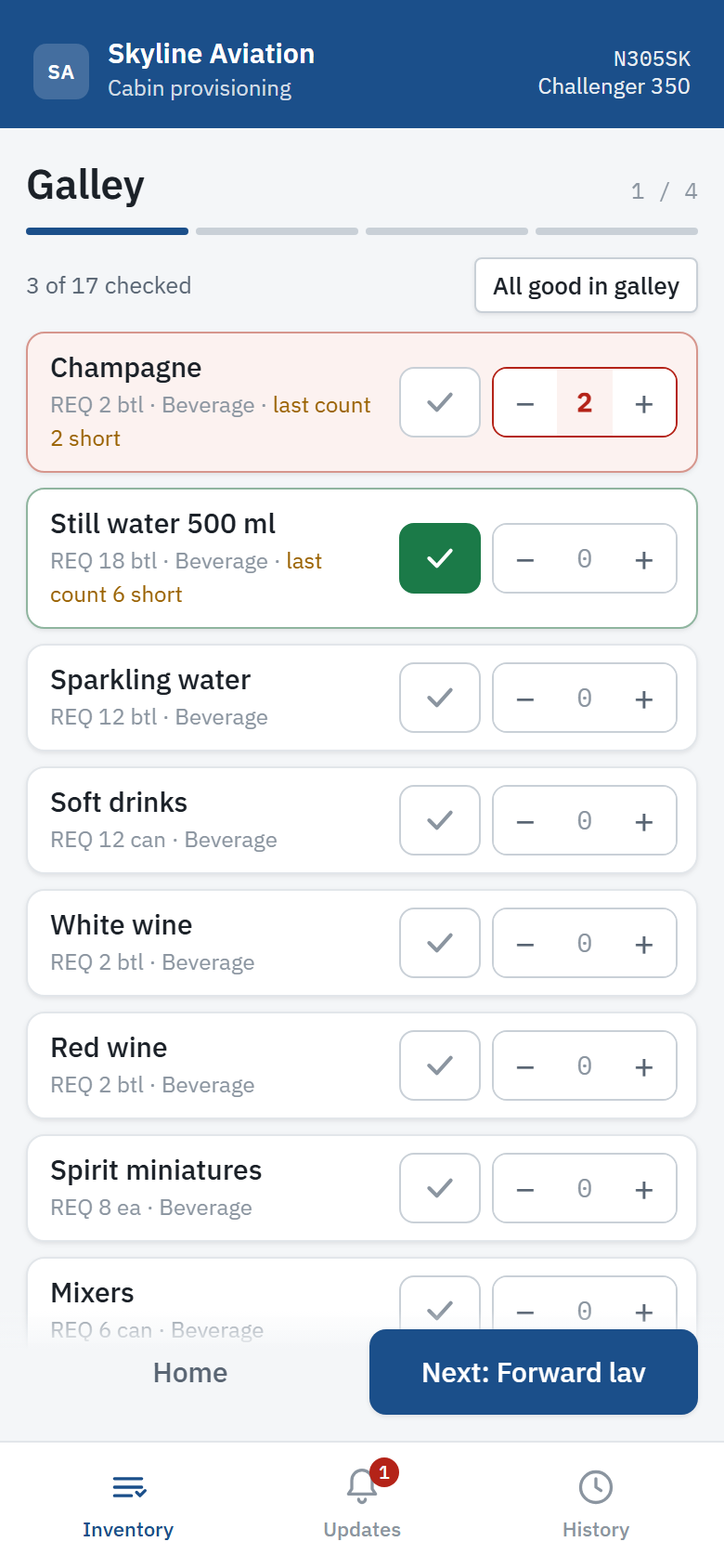 Crew app counting the galley of N305SK: champagne two short