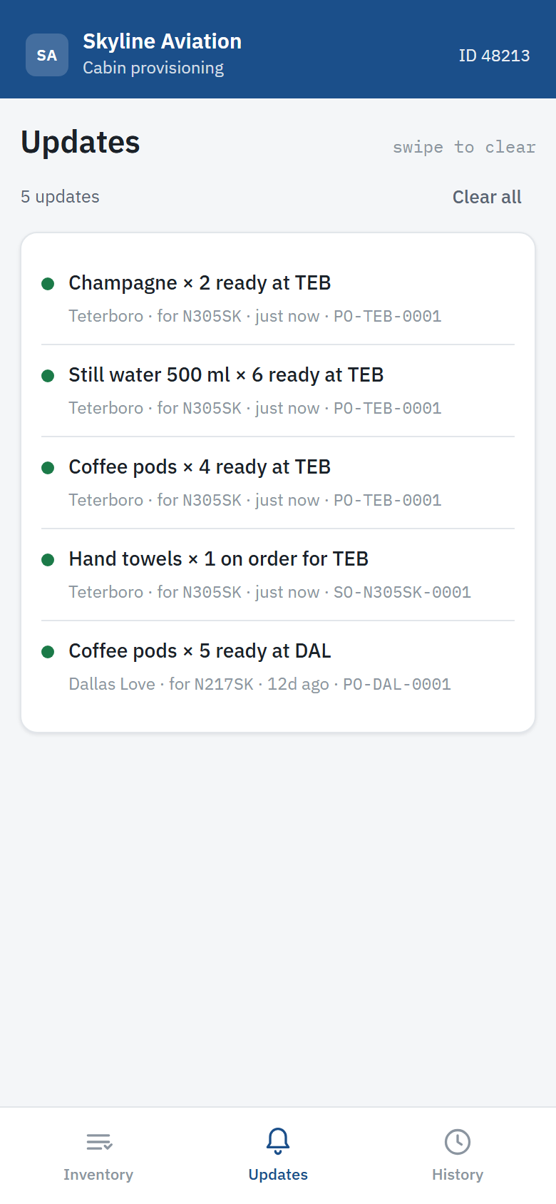 Crew app updates: champagne, still water and coffee pods ready at TEB